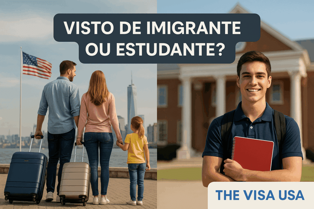 Família com malas e estudante em universidade americana, representando escolha entre visto de imigrante e visto de estudante para os Estados Unidos.