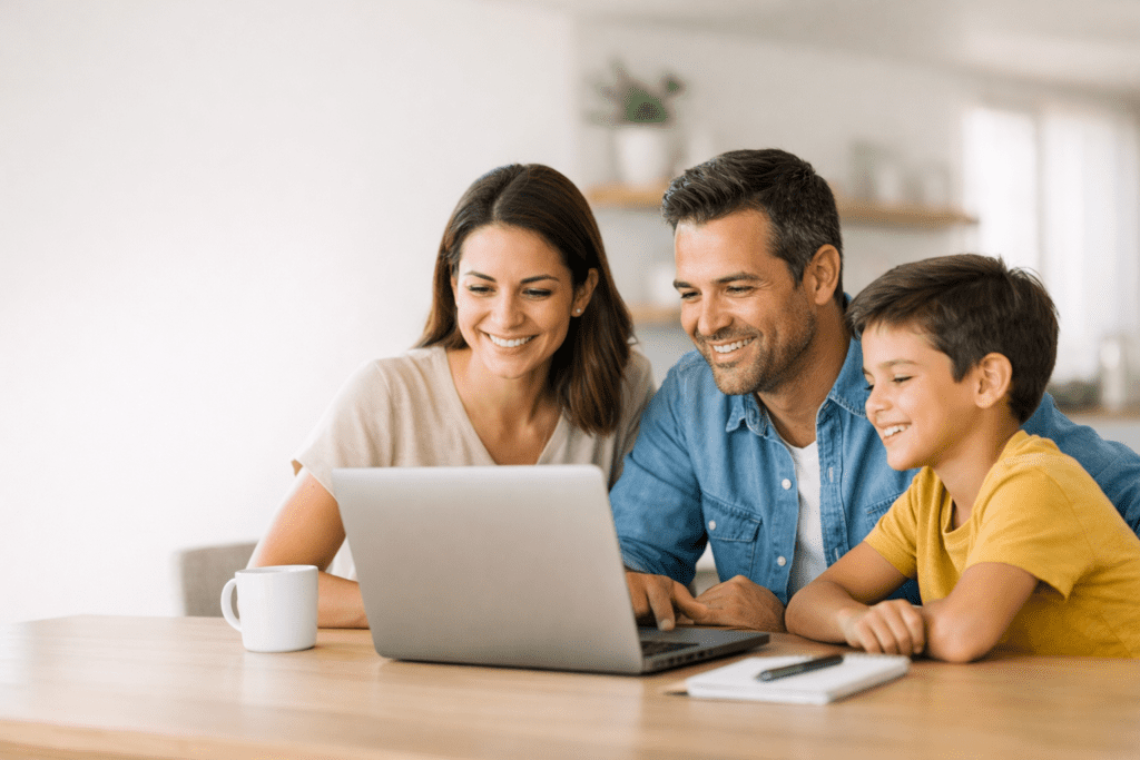 Familia trabalhando no novo projeto de vida